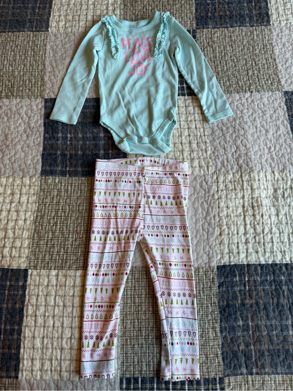 okie dokie Light Teal Bodysuit with Pink Lettering and Patterned Leggings